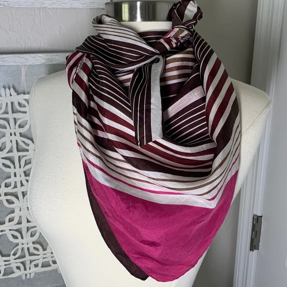 Milanowek Polish silk square scarf brown, pink, and white striped